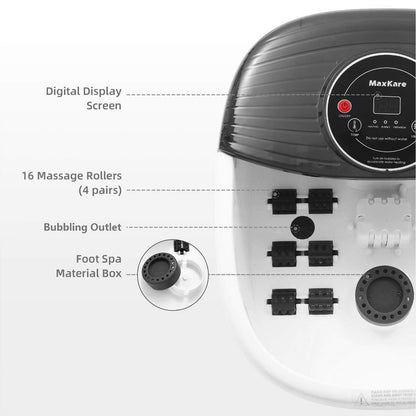 MaxKare Foot Spa Bath Massager with Heat, Bubbles, and Vibration, Digital Temperature Control, 16 Detachable Massage Rollers, Soothe and Comfort Feet, Black
