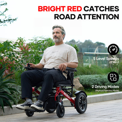 MaxKare Foldable Electric Wheelchair, 5 Speeds, 2 Modes, Dual Motors, for Adults &amp; Senior, Black/Red