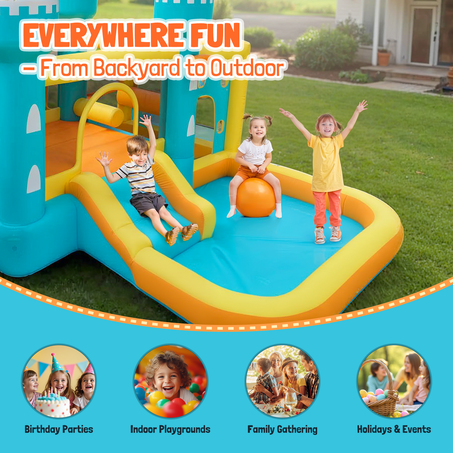 MaxKare Inflatable Bounce House, Castle-Themed Inflatable Bounce House - 5-in-1 Play Zones, 240lbs Capacity, FCC & CPC Certified, Blue/Yellow