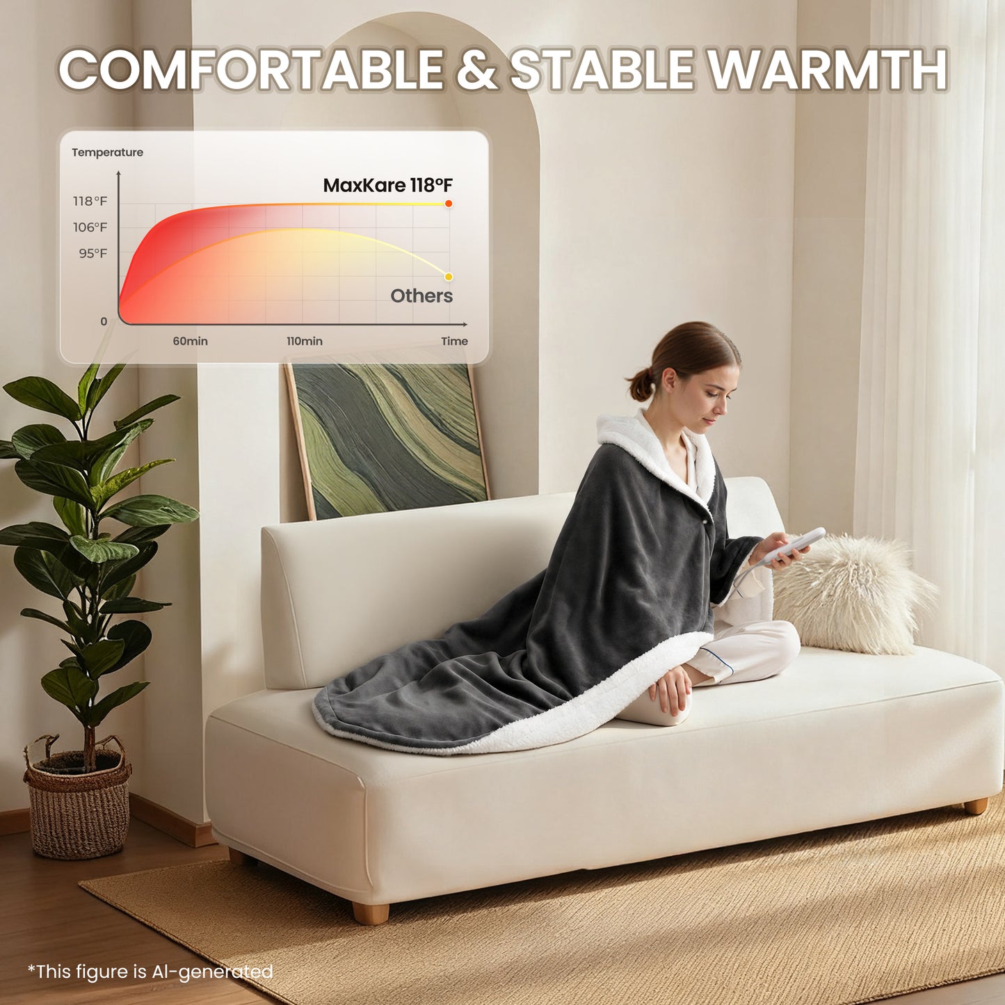 MaxKare 50" x 60" Electric Throw Blanket with 6 Heating Levels & 1-5H Auto-off, Machine Washable Flannel & Sherpa, Dark Gray & White