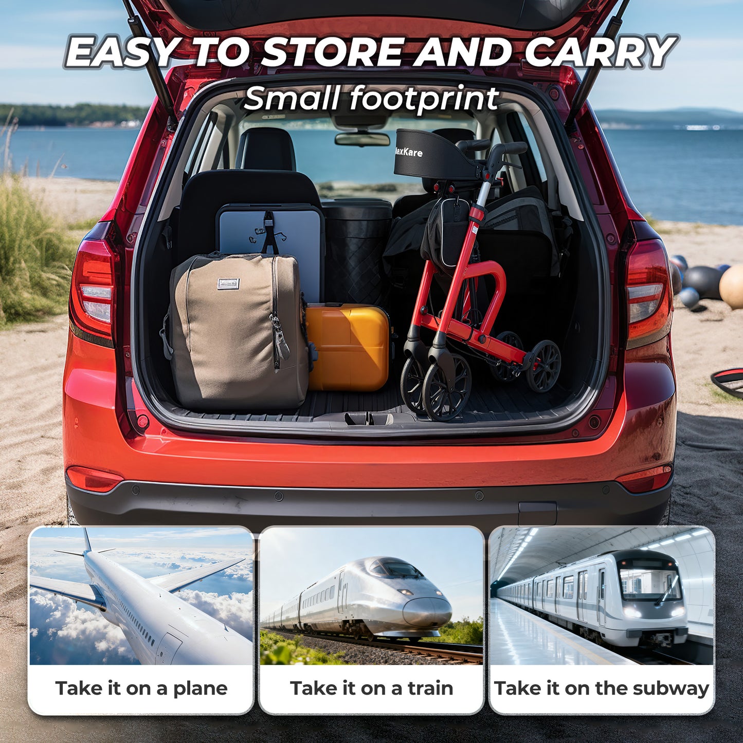 MaxKare Rollator Walker with Seat, Foldable 4 Wheel Rolling Medical Walker, Red