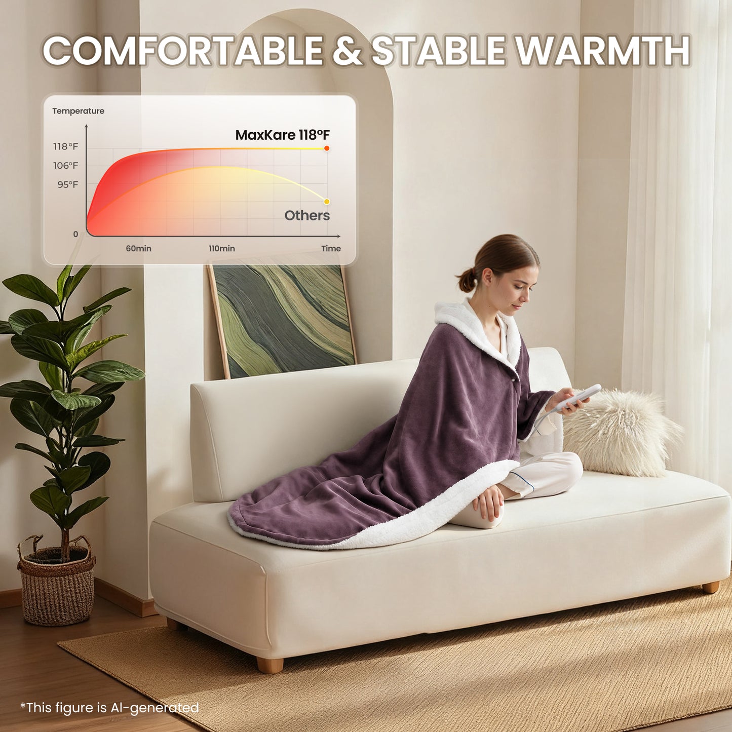 MaxKare 50" x 60" Electric Throw Blanket with 6 Heating Levels & 1-5H Auto-off, Machine Washable Flannel & Sherpa, Purple & White