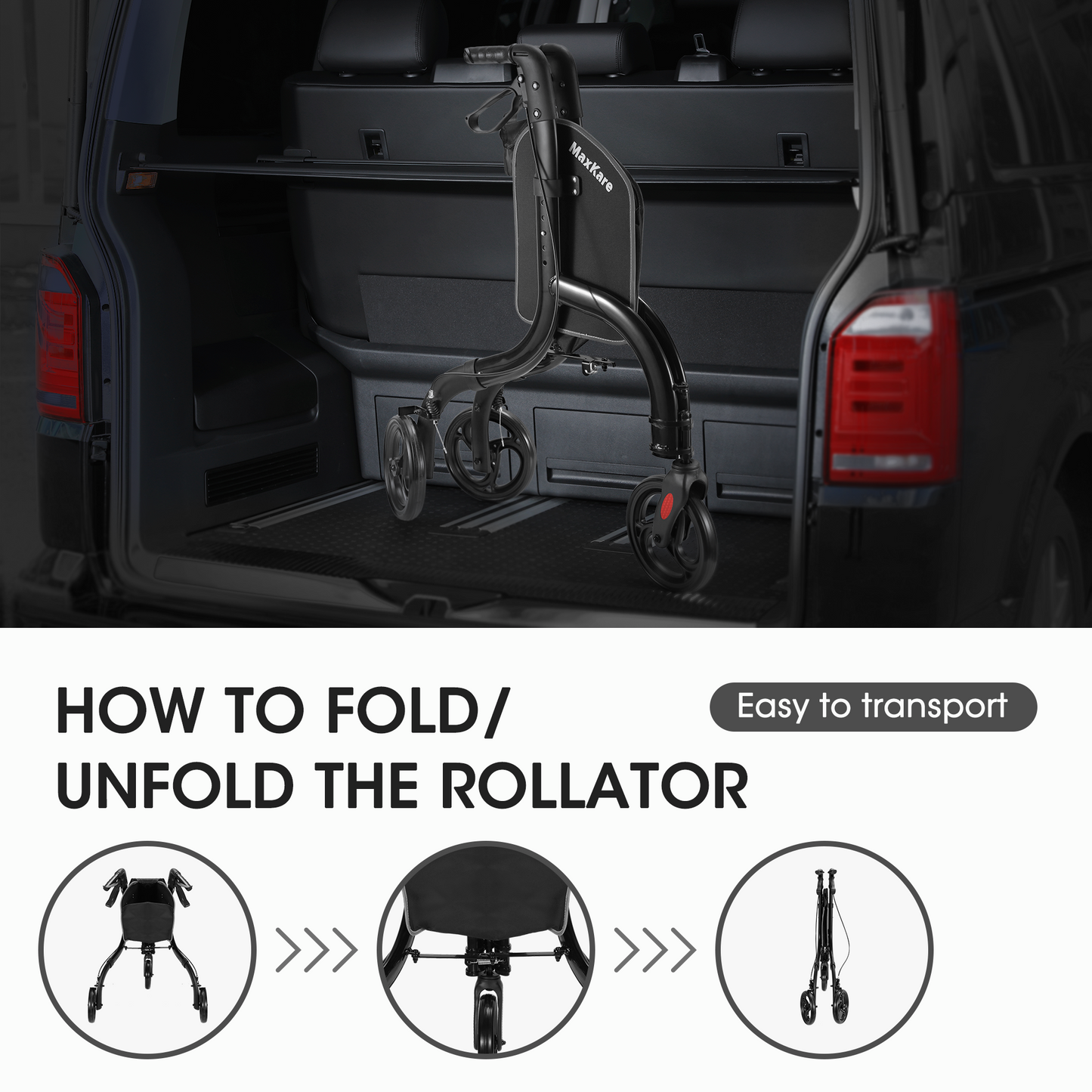 MaxKare 3-Wheel Walker for Seniors Foldable Rollator Walker with 8'' Wheel Lightweight, 300Lbs Weight Capacity, Height Adjustable, Black