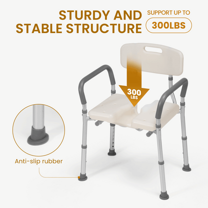 MaxKare Shower Chair with Back and Arms, U-Shape Groove Cutout for Private Cleaning