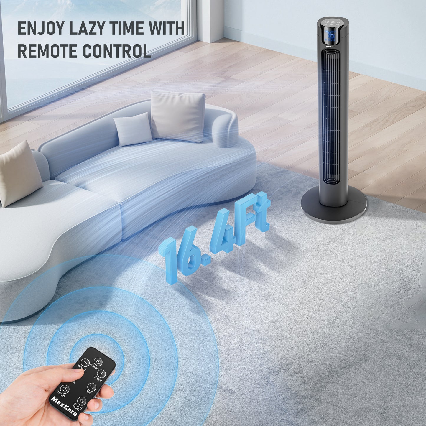 MaxKare Tower Fan, 36" Ultra Quiet 50dB Standing Floor Fan, 24H Timers, 75° Oscillation, Remote & No-Light Sleep Screen, Black
