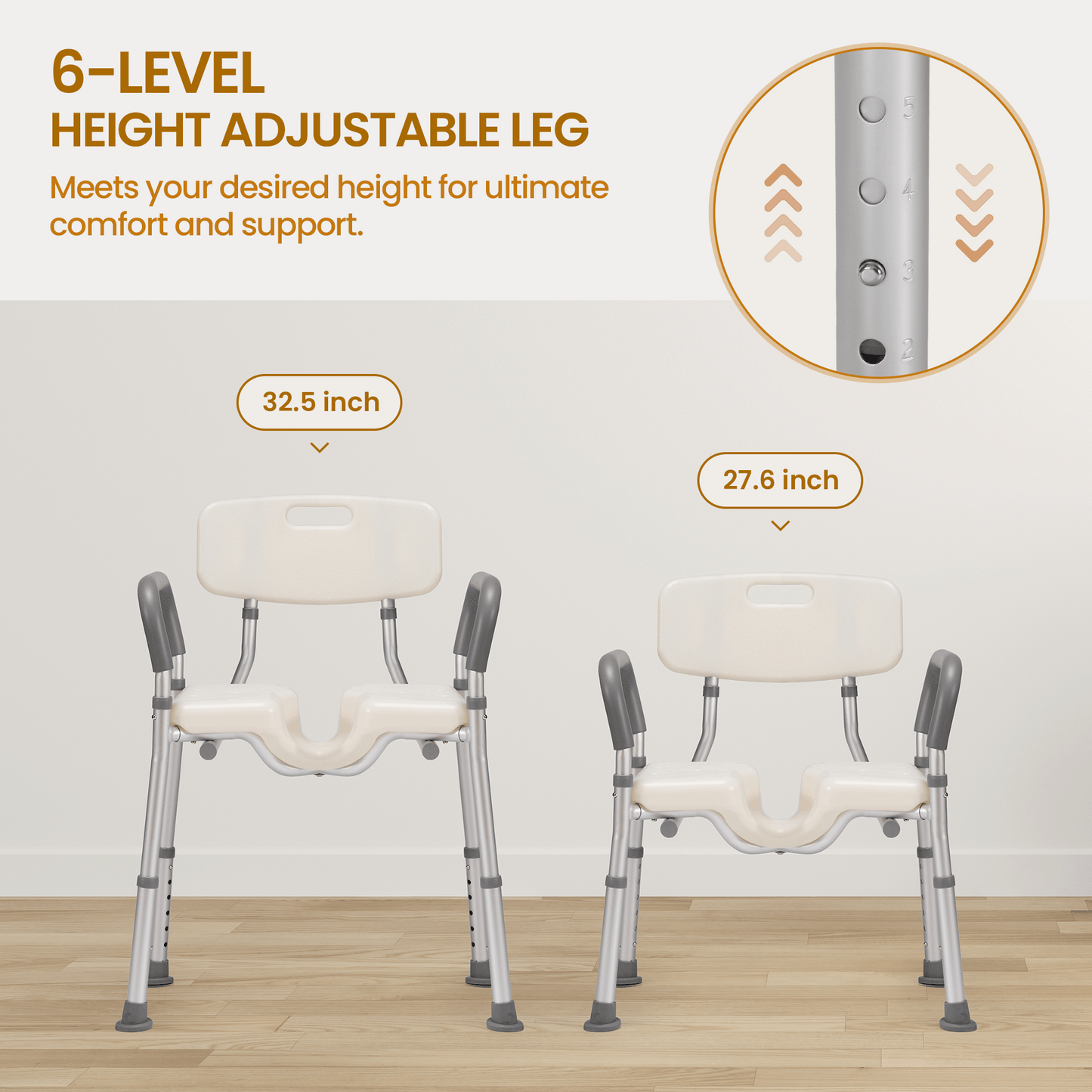 MaxKare Shower Chair with Back and Arms, U-Shape Groove Cutout for Private Cleaning