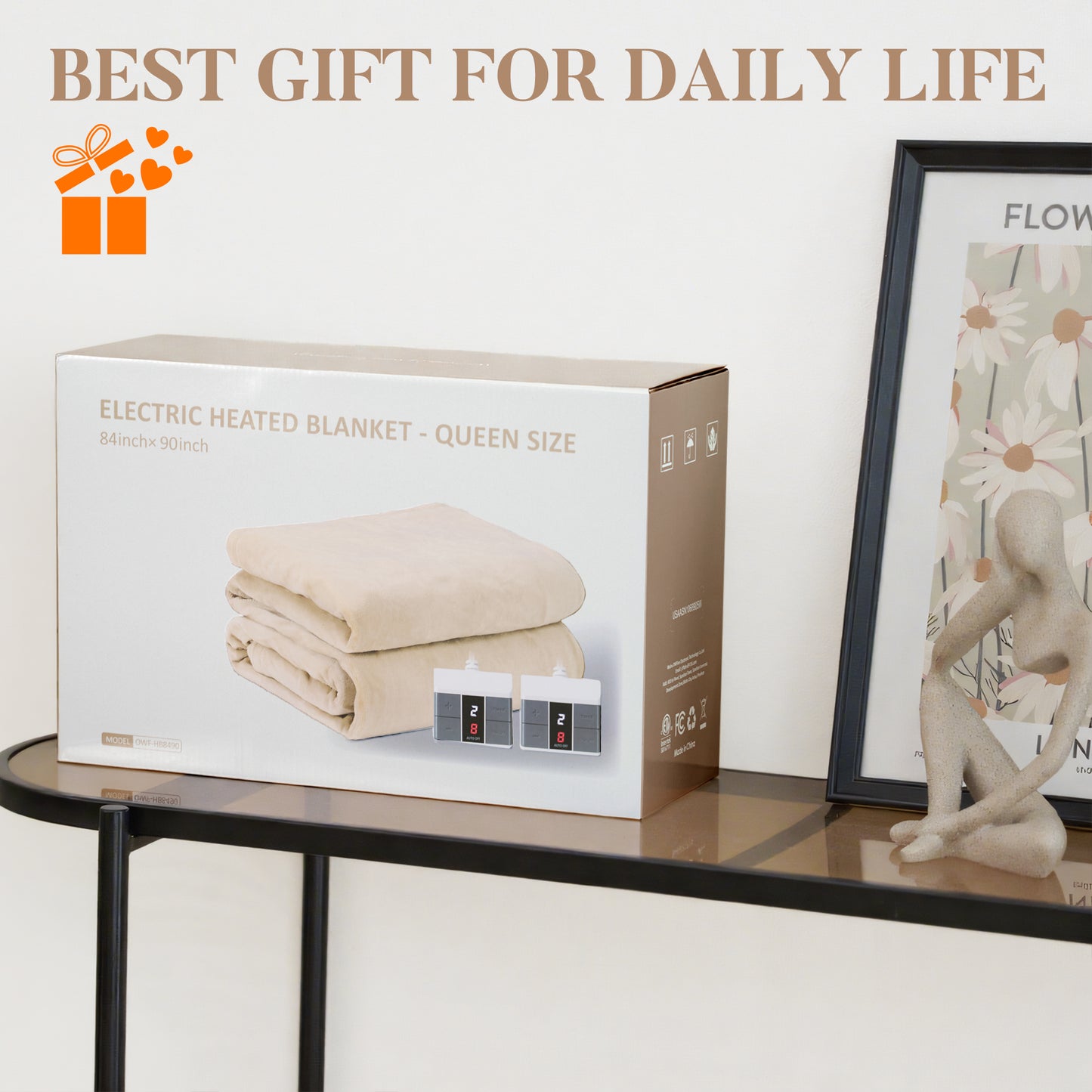 MaxKare 84"x90" Heated Blanket, Dual Controllers 10 Heat Settings, 10H Timers, Soft & Skin-friendly Flannel, White