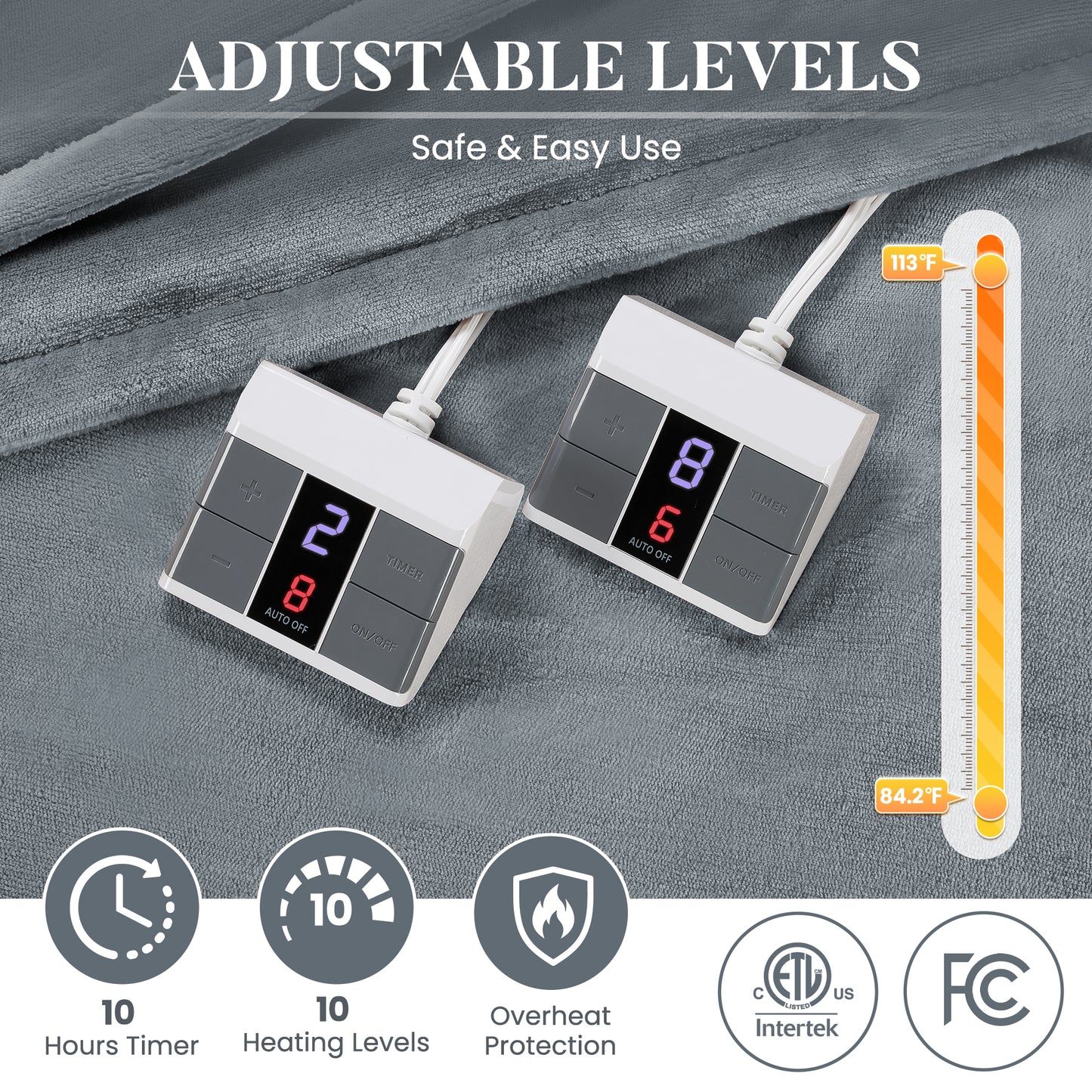 MaxKare Queen Electric Heated Blanket, 10 Heating Levels, 10H Timers, Dual Control, Machine Washable, ETL/FCC Certified, Gray