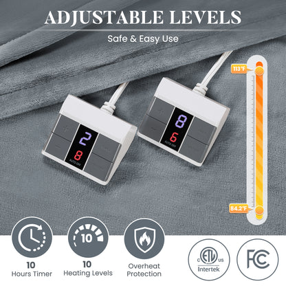 MaxKare Queen Electric Heated Blanket, 10 Heating Levels, 10H Timers, Dual Control, Machine Washable, ETL/FCC Certified, Gray