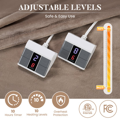 MaxKare Queen Electric Heated Blanket with 10 Heating Levels & 10H Timers, Linen