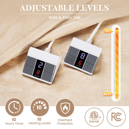 MaxKare 84"x90" Heated Blanket, Dual Controllers 10 Heat Settings, 10H Timers, Soft & Skin-friendly Flannel, White