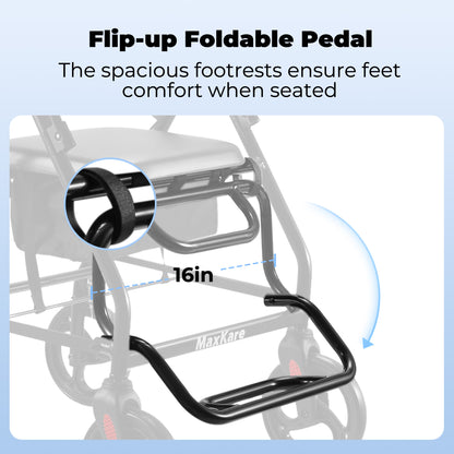 MaxKare Rollator Walker 8" Wheels with Seat & Padel for Seniors, Use as Transport Wheelchair or Walker, Removable Armrest & Backrest, Foldable, 300Lbs, Adjustable Handles
