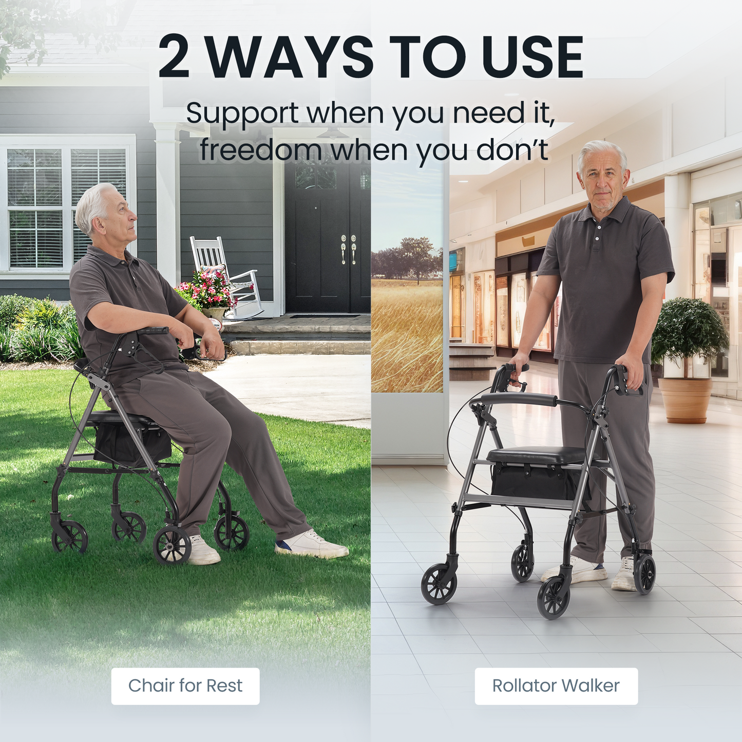 MaxKare Folding Rollator Walker with Seat 6" Wheels for Seniors, Adjustable Height, Removable Seat, Lightweight Aluminum, Supports up to 300Lbs, Gray
