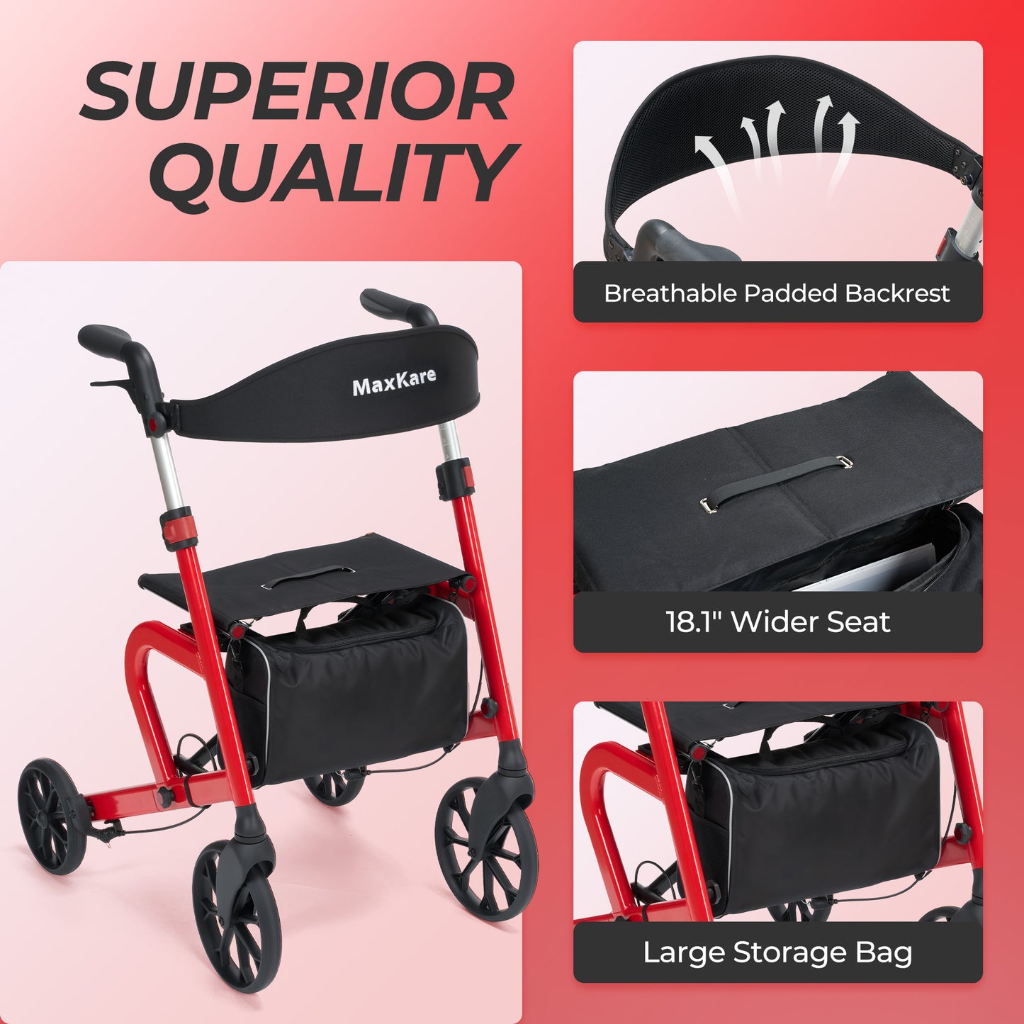 MaxKare Rollator Walker with Seat, Foldable 4 Wheel Rolling Medical Walker, Red