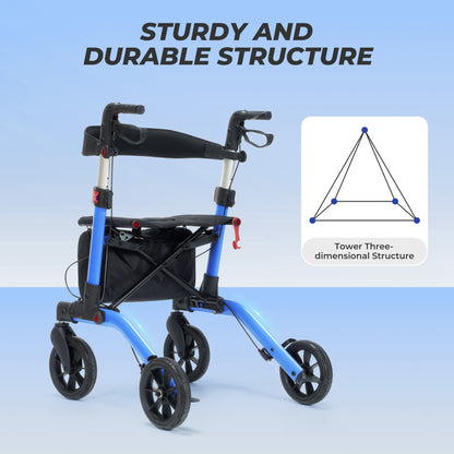 MaxKare Rollator Walker with Seat, Foldable 4 Wheel Rolling Medical Walker, Blue