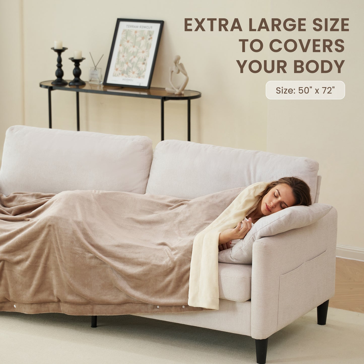 MaxKare Heated Throw Blanket, OEKO TEX Certified,  Electric Blanket with 6 Heat Levels, 4H Auto-off, 3 Button Adjust Fix, Beige & Linen Flannel, 50" x 72"