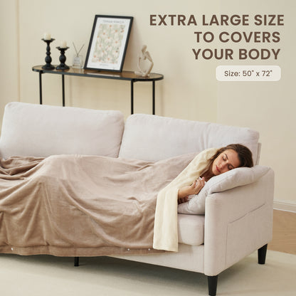 MaxKare Heated Throw Blanket, OEKO TEX Certified,  Electric Blanket with 6 Heat Levels, 4H Auto-off, 3 Button Adjust Fix, Beige & Linen Flannel, 50" x 72"