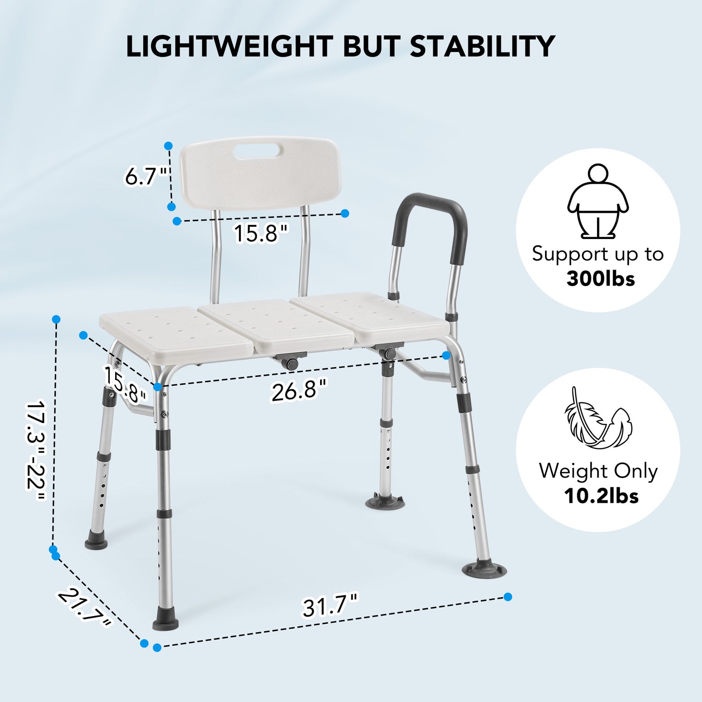 MaxKare Transfer Bench & Shower Chair with Backrest & Padded Armrests for Senior and Handicap, 10 Levels Height Adjustable, Support up to 300Lbs