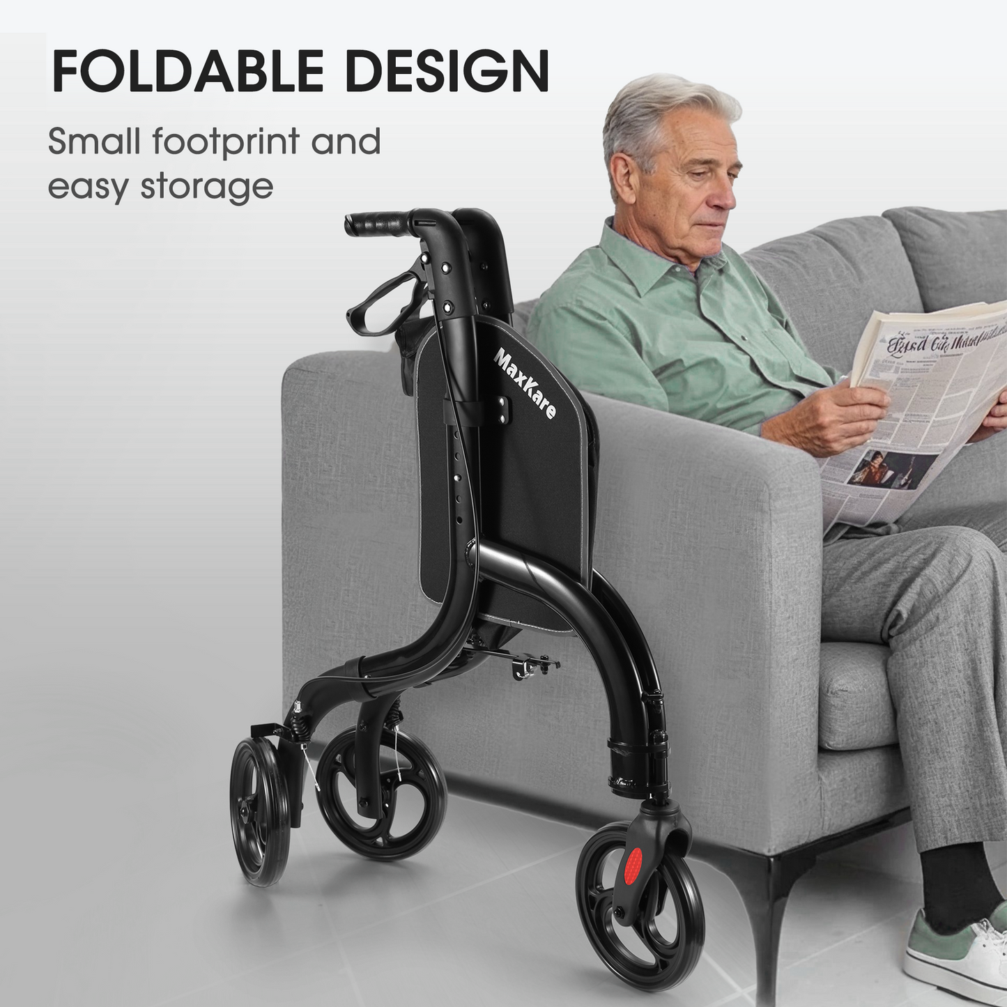 MaxKare 3-Wheel Walker for Seniors Foldable Rollator Walker with 8'' Wheel Lightweight, 300Lbs Weight Capacity, Height Adjustable, Black