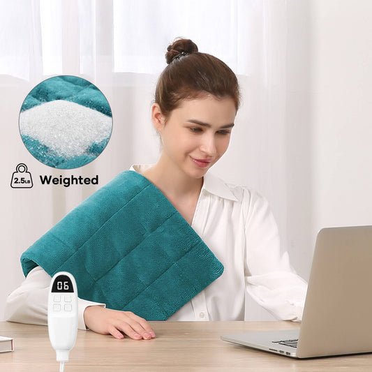 MaxKare Weighted Heating Pad for Back Stress & Cramps Relief, 6 Heating Levels & 3 Time Settings 12"×24" - Light Blue