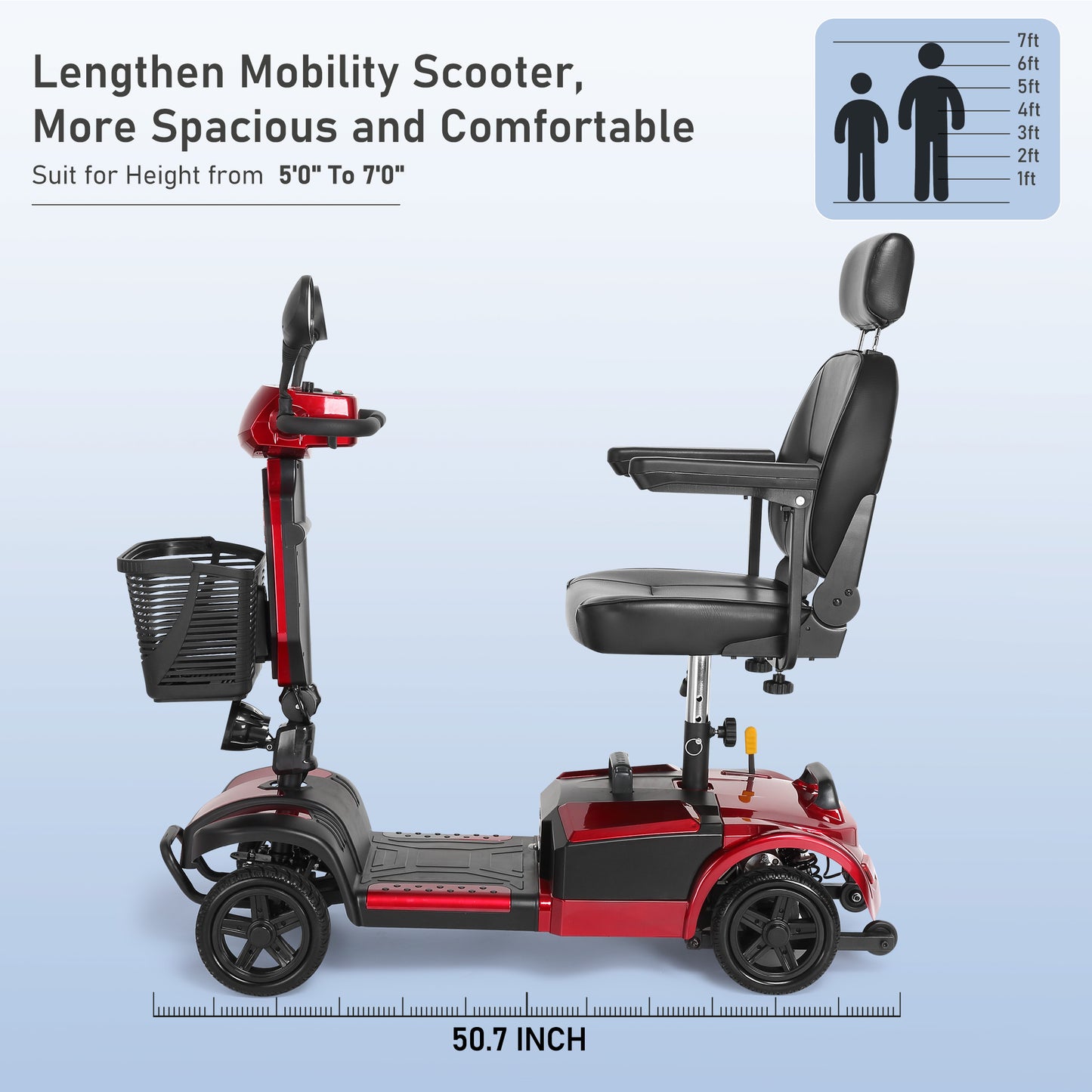 MaxKare 4-Wheel Mobility Scooter for Seniors, Heightened Thickened Seat with Pillow, Foldable Powered Mobile Wheelchair with Light & Basket for Travel, 330lbs, Red