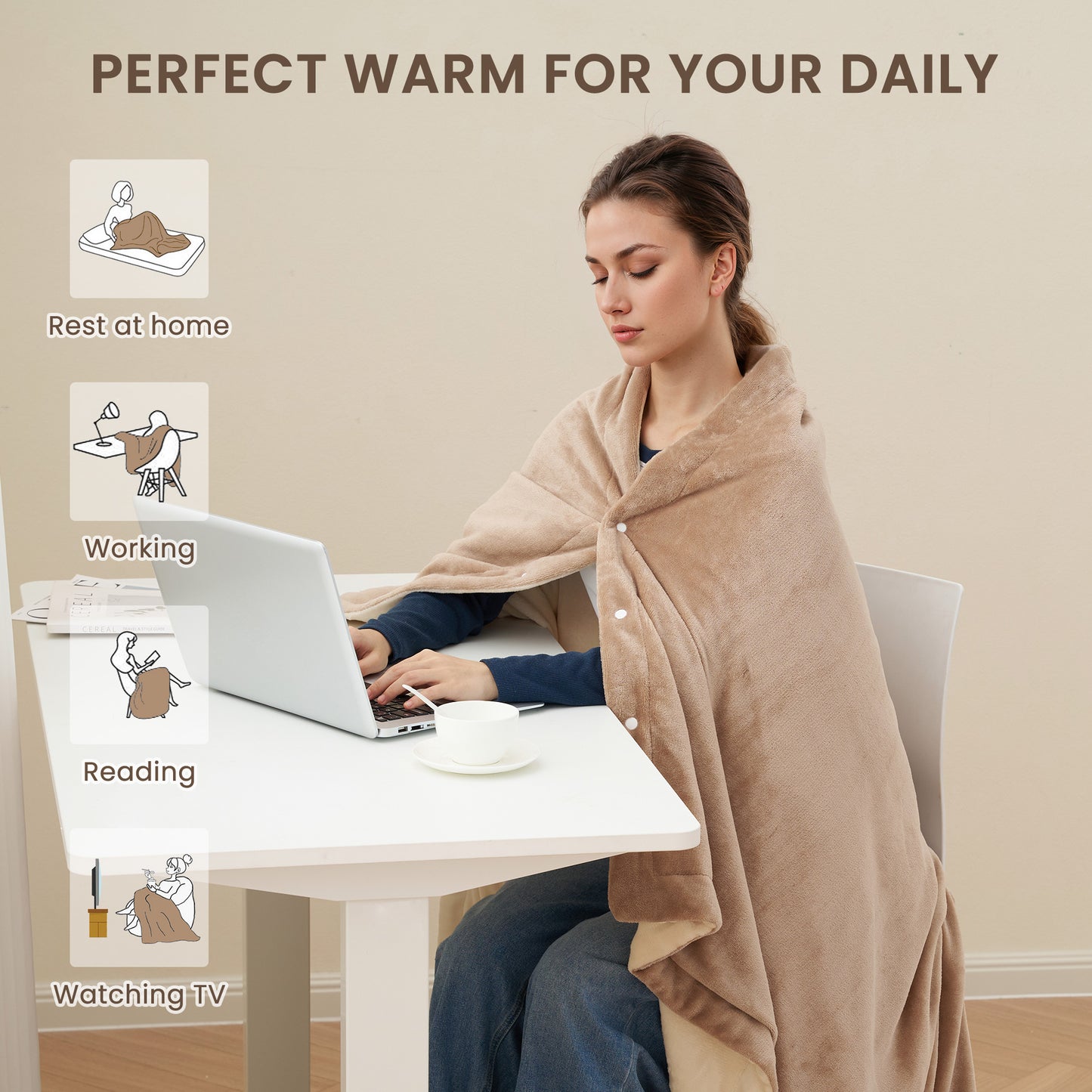 MaxKare Heated Throw Blanket, OEKO TEX Certified,  Electric Blanket with 6 Heat Levels, 4H Auto-off, 3 Button Adjust Fix, Beige & Linen Flannel, 50" x 72"