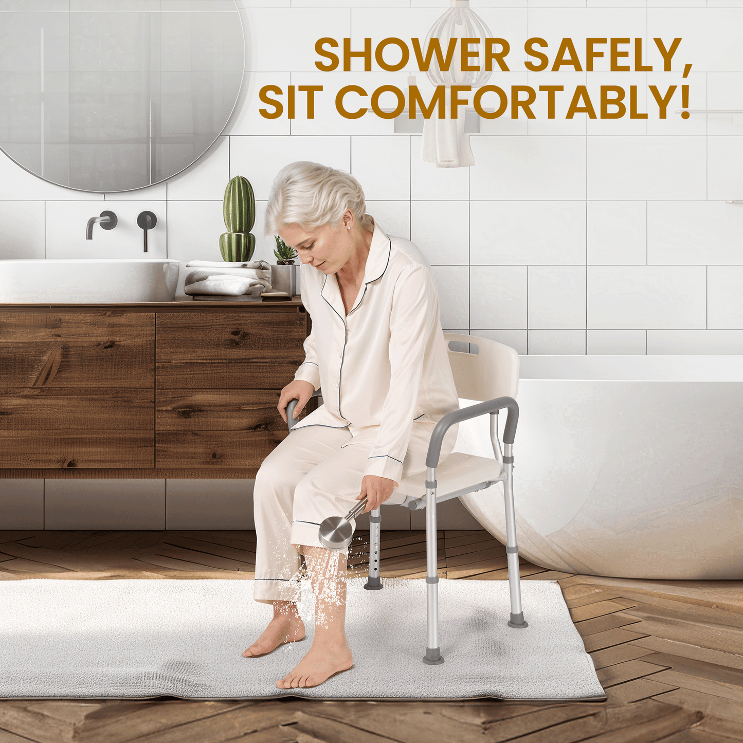 MaxKare Shower Chair with Back and Arms, U-Shape Groove Cutout for Private Cleaning