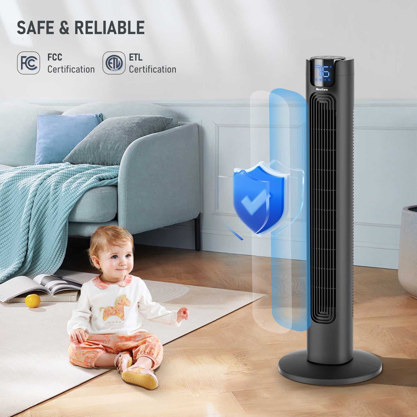 MaxKare Tower Fan, 36" Ultra Quiet 50dB Standing Floor Fan, 24H Timers, 75° Oscillation, Remote & No-Light Sleep Screen, Black