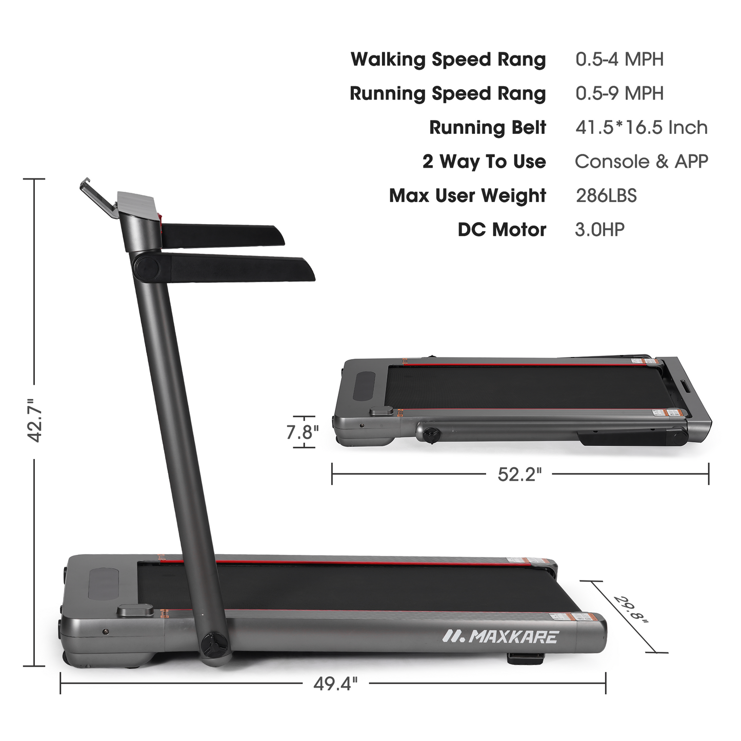 Maxkare 3.0HP & 9MPH Walking Pad Treadmill, 2 in 1 Foldable Treadmill with Touch Screen & Remote Control Bluetooth Connectivity, 286LBS