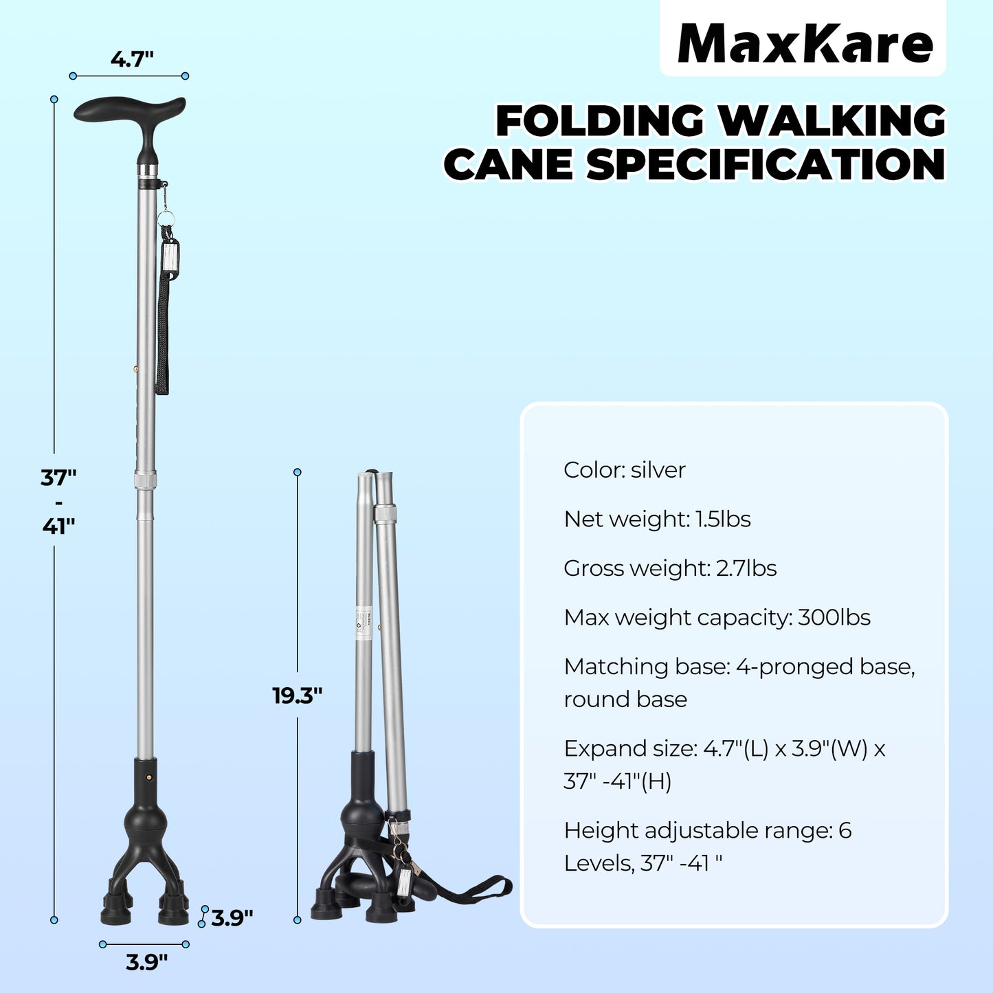 MaxKare Folding Walking Canes with Comfort Grip, 37"-41" Adjustable - Silver