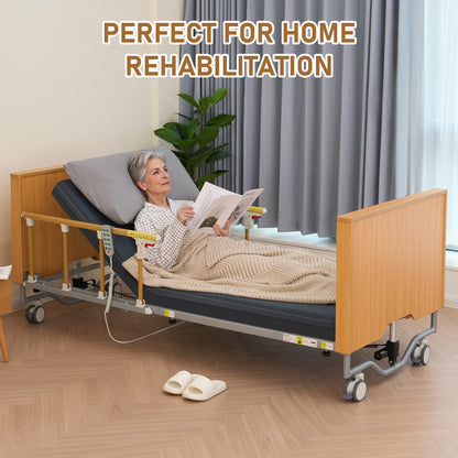 MaxKare Full Electric Hospital Bed with 5 Functions, Medical Bed Set with Mattress & Rails, Safe Locking System, Max 500lbs, for Home Use