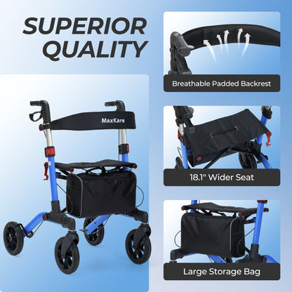 MaxKare Rollator Walker with Seat, Foldable 4 Wheel Rolling Medical Walker, Blue