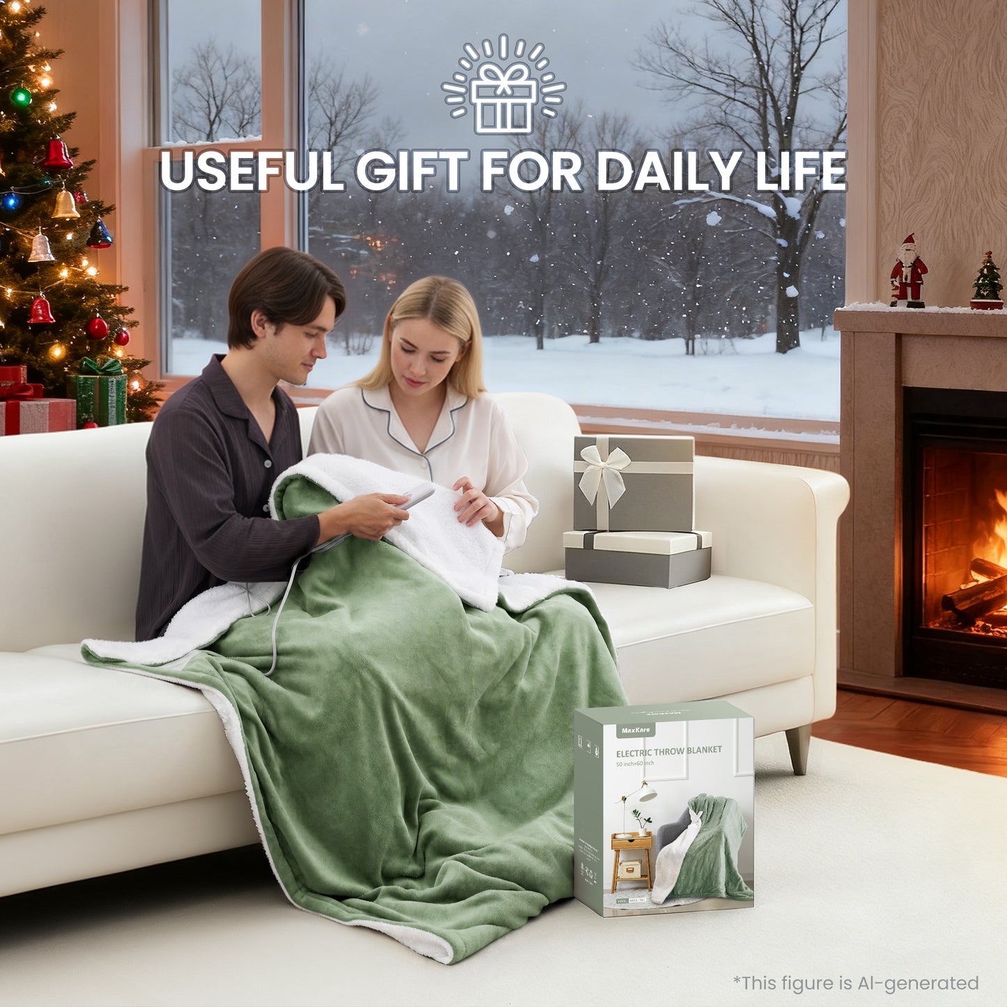 MaxKare 50" x 60" Electric Throw Blanket with 6 Heating Levels & 1-5H Auto-off, Machine Washable Flannel & Sherpa, Green & White