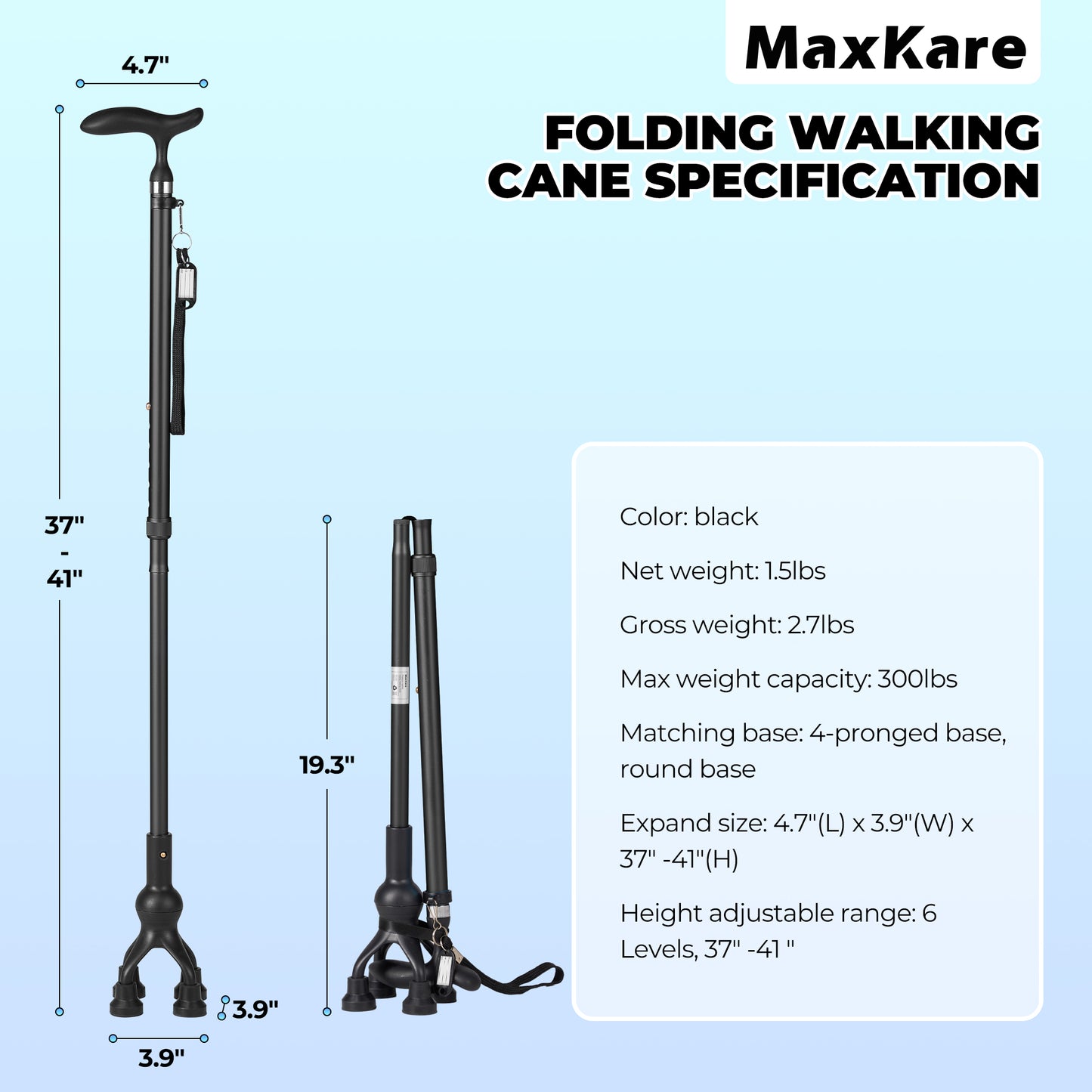 MaxKare Folding Walking Canes with Comfort Grip, 37"-41" Adjustable - Black