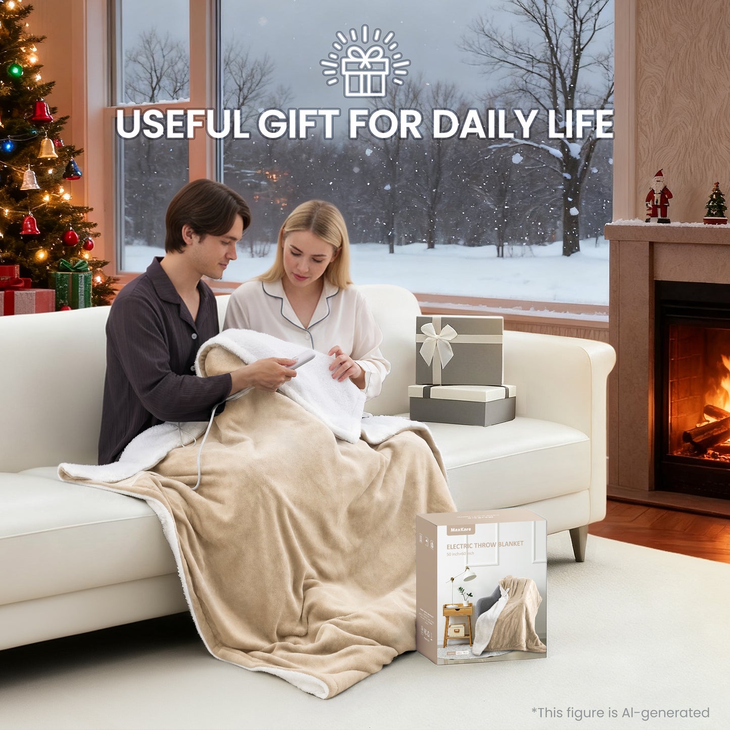 MaxKare 50" x 60" Electric Throw Blanket with 6 Heating Levels & 1-5H Auto-off, Machine Washable Flannel & Sherpa, Beige & White