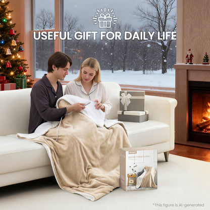 MaxKare 50" x 60" Electric Throw Blanket with 6 Heating Levels & 1-5H Auto-off, Machine Washable Flannel & Sherpa, Beige & White