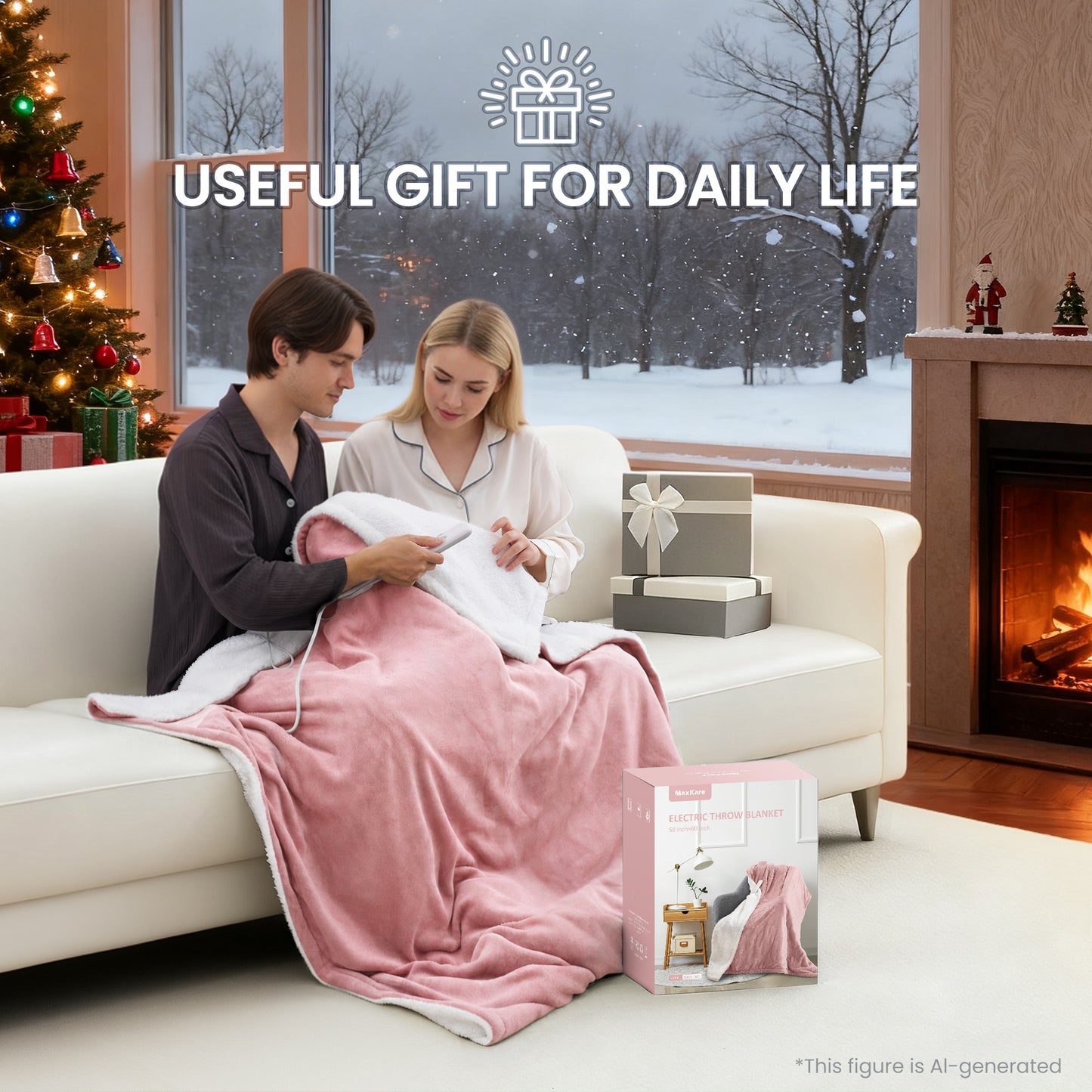 MaxKare 50" x 60" Electric Throw Blanket with 6 Heating Levels & 1-5H Auto-off, Machine Washable Flannel & Sherpa, Pink & White