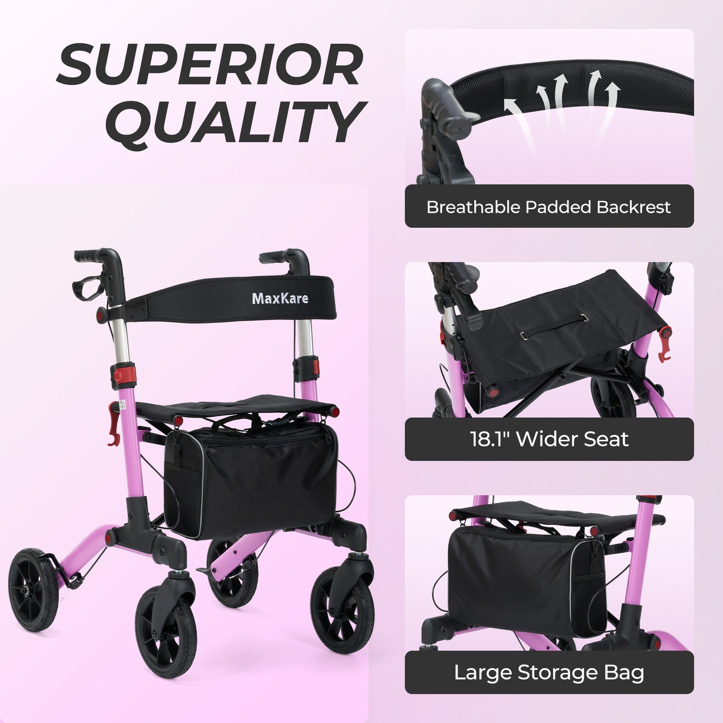 MaxKare Rollator Walker with Seat, Foldable 4 Wheel Rolling Medical Walker, Purple