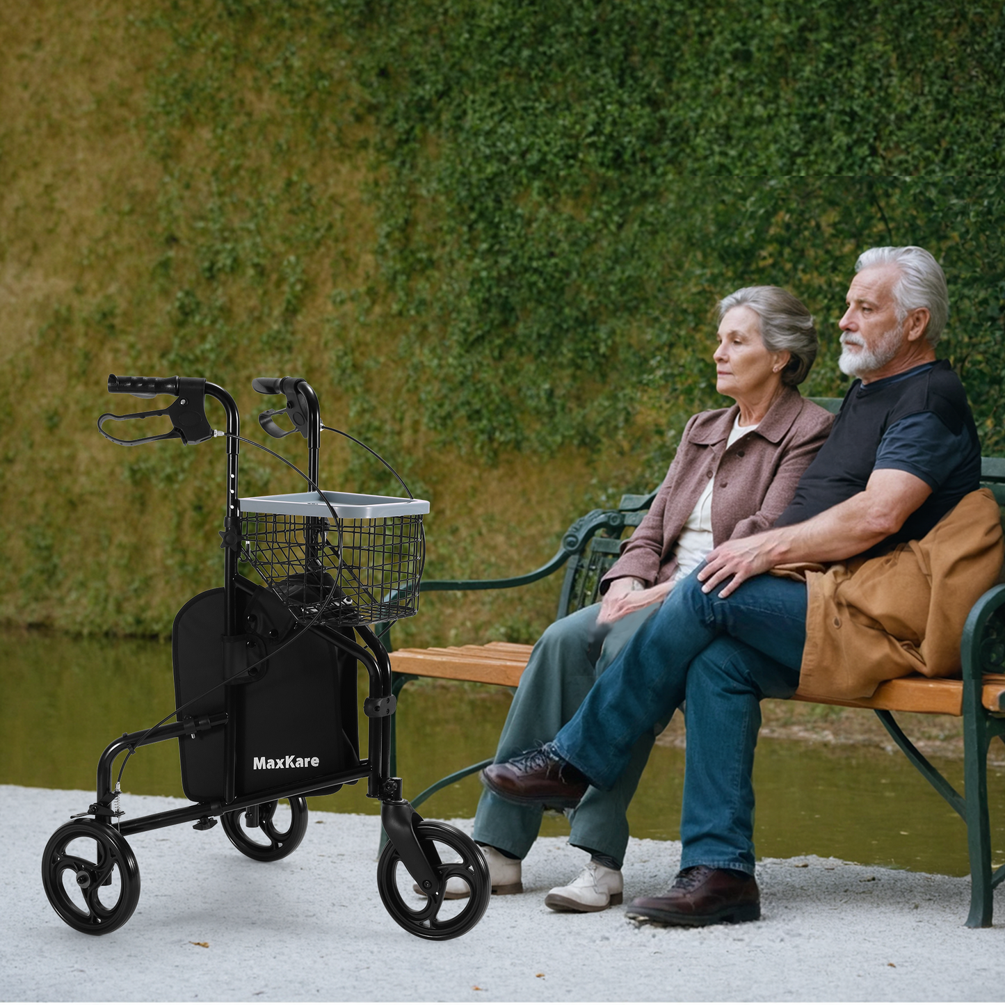 MaxKare 3-Wheel Walker for Seniors Foldable Rollator Walker with Basket & Tray, 300Lbs Weight Capacity, Height Adjustable, Black