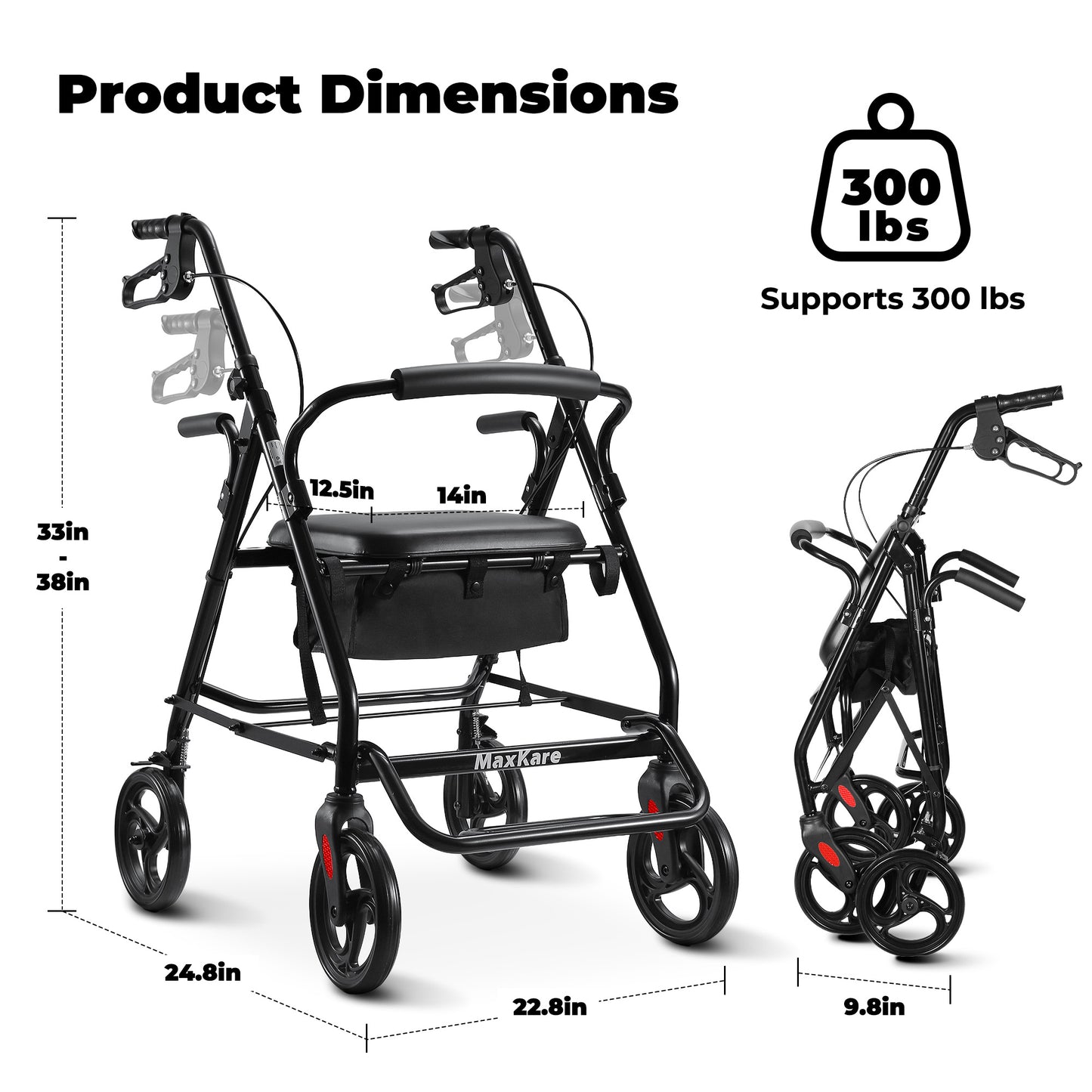 MaxKare Rollator Walker 8" Wheels with Seat & Padel for Seniors, Use as Transport Wheelchair or Walker, Removable Armrest & Backrest, Foldable, Supports up to 300Lbs, Adjustable Handles