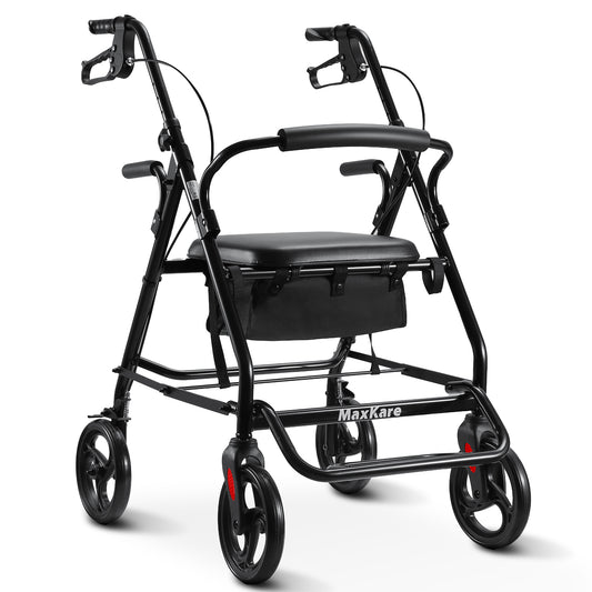 MaxKare Rollator Walker 8" Wheels with Seat & Padel for Seniors, Use as Transport Wheelchair or Walker, Removable Armrest & Backrest, Foldable, Supports up to 300Lbs, Adjustable Handles