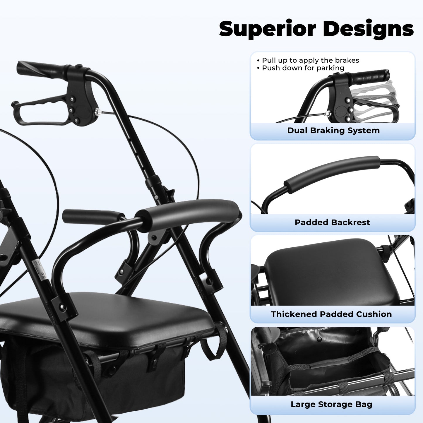 MaxKare Rollator Walker 8" Wheels with Seat & Padel for Seniors, Use as Transport Wheelchair or Walker, Removable Armrest & Backrest, Foldable, Supports up to 300Lbs, Adjustable Handles