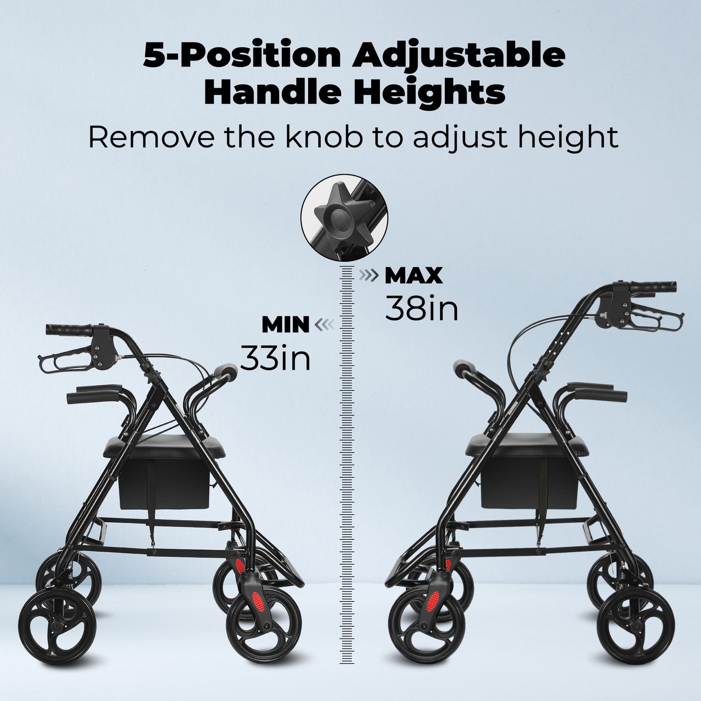 MaxKare Rollator Walker 8" Wheels with Seat & Padel for Seniors, Use as Transport Wheelchair or Walker, Removable Armrest & Backrest, Foldable, Supports up to 300Lbs, Adjustable Handles