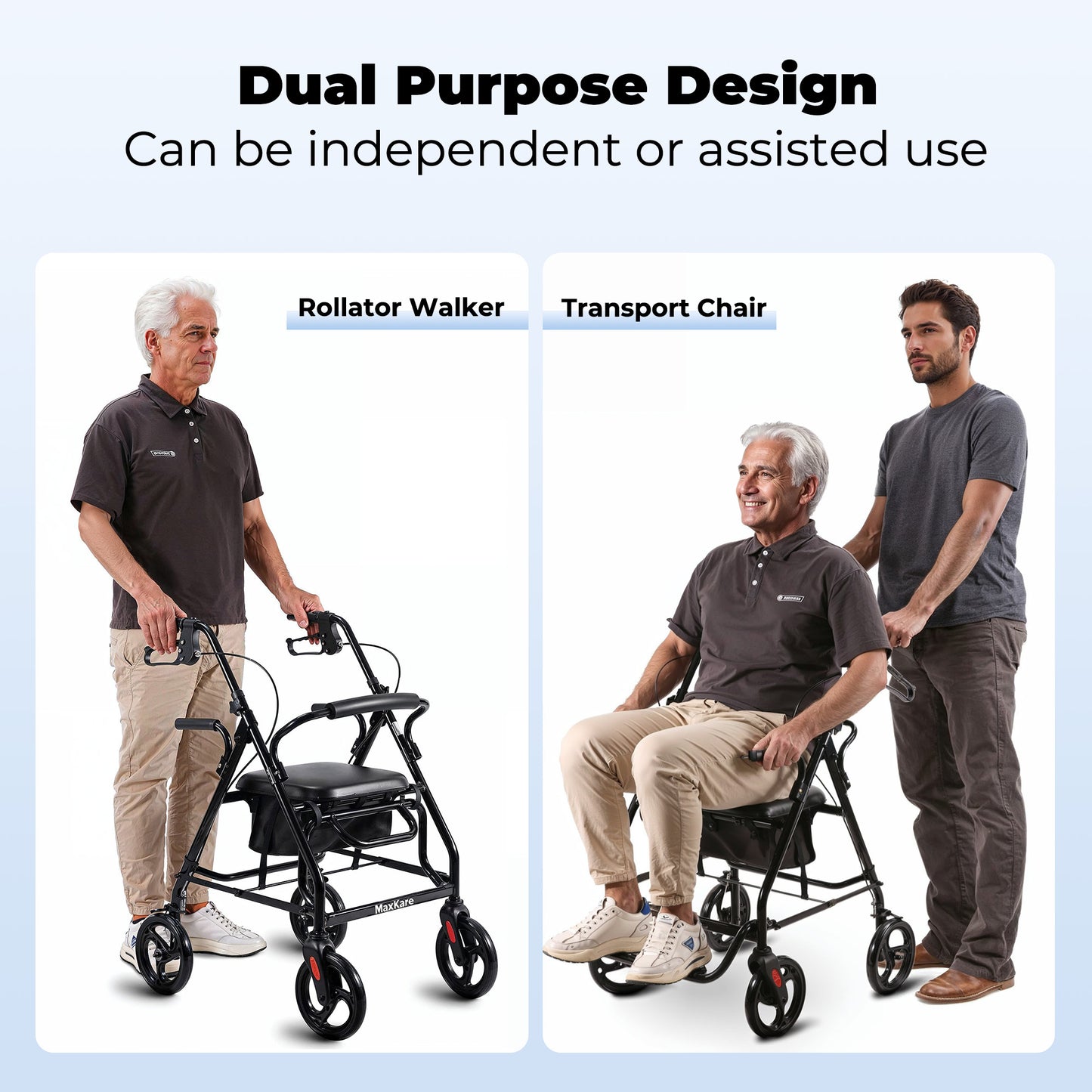 MaxKare Rollator Walker 8" Wheels with Seat & Padel for Seniors, Use as Transport Wheelchair or Walker, Removable Armrest & Backrest, Foldable, Supports up to 300Lbs, Adjustable Handles