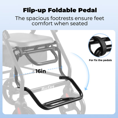 MaxKare Rollator Walker 8" Wheels with Seat & Padel for Seniors, Use as Transport Wheelchair or Walker, Removable Armrest & Backrest, Foldable, Supports up to 300Lbs, Adjustable Handles