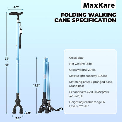 MaxKare Folding Walking Canes with Comfort Grip, 37"-41" Adjustable - Blue