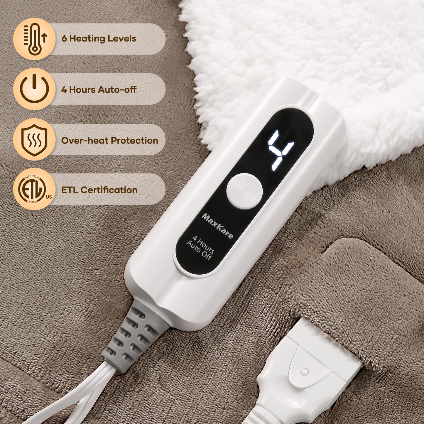 MaxKare Electric Throw Blanket 50" x 72" with 6 Heating Levels & 4H Auto-off, Beige & Brown