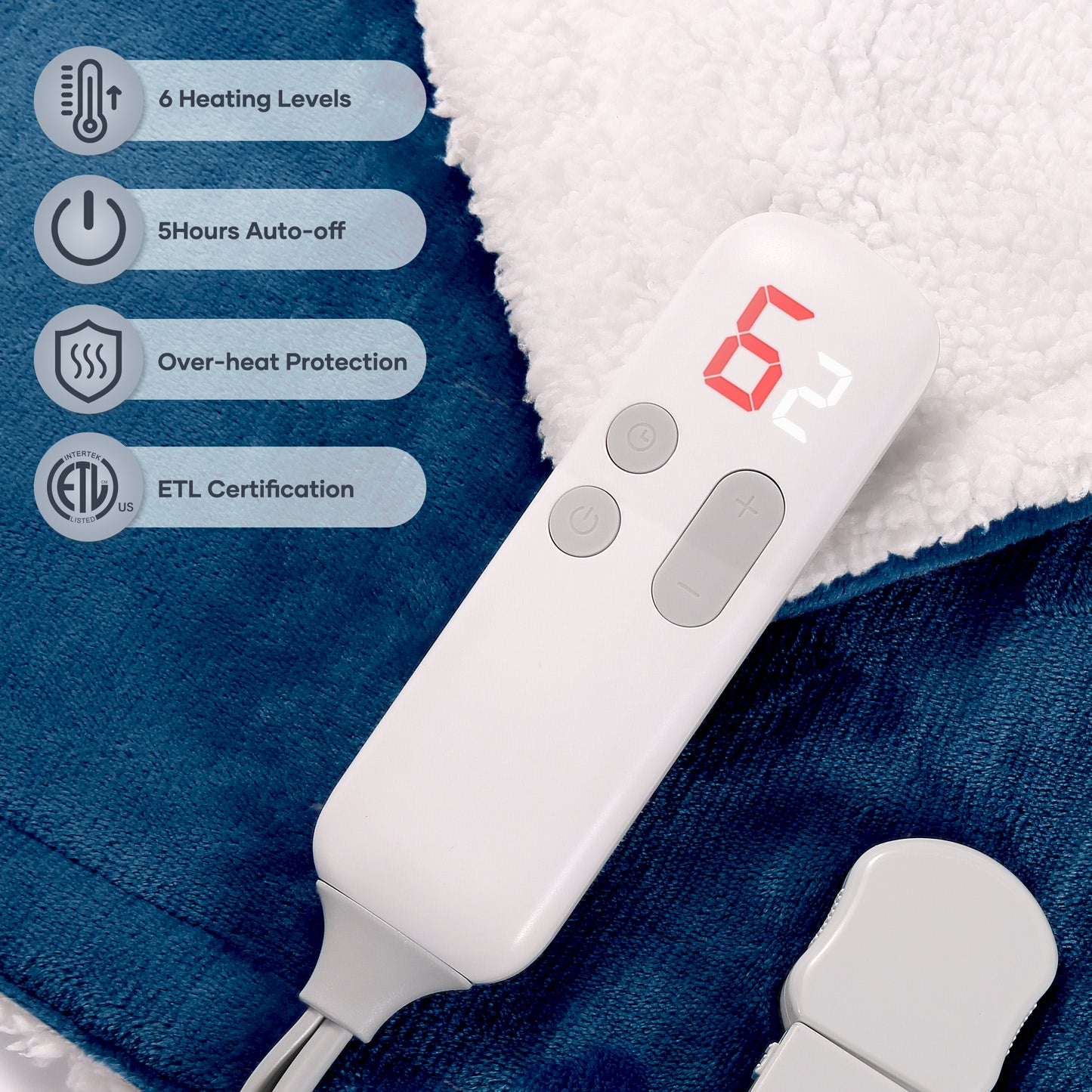 MaxKare Electric Throw Blanket 50" x 60" with 6 Heating Levels & 5 Timer Settings, ETL Certification, Flannel & Sherpa, Blue & White