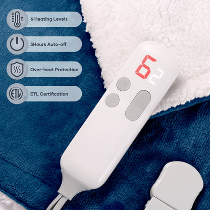 MaxKare Electric Throw Blanket 50" x 60" with 6 Heating Levels & 5 Timer Settings, ETL Certification, Flannel & Sherpa, Blue & White