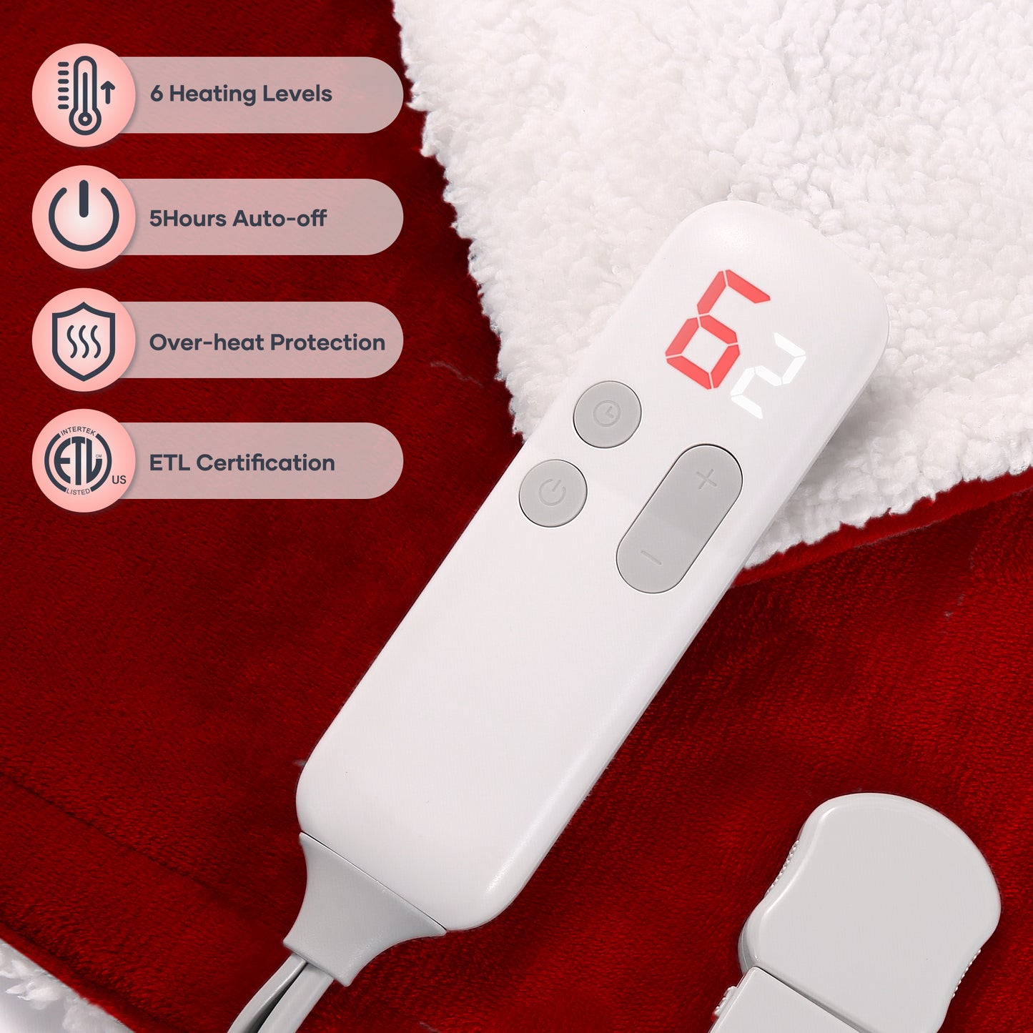 MaxKare Electric Throw Blanket 50" x 60" with 6 Heating Levels & 5 Timer Settings ETL Certification, Flannel & Sherpa, Red & White